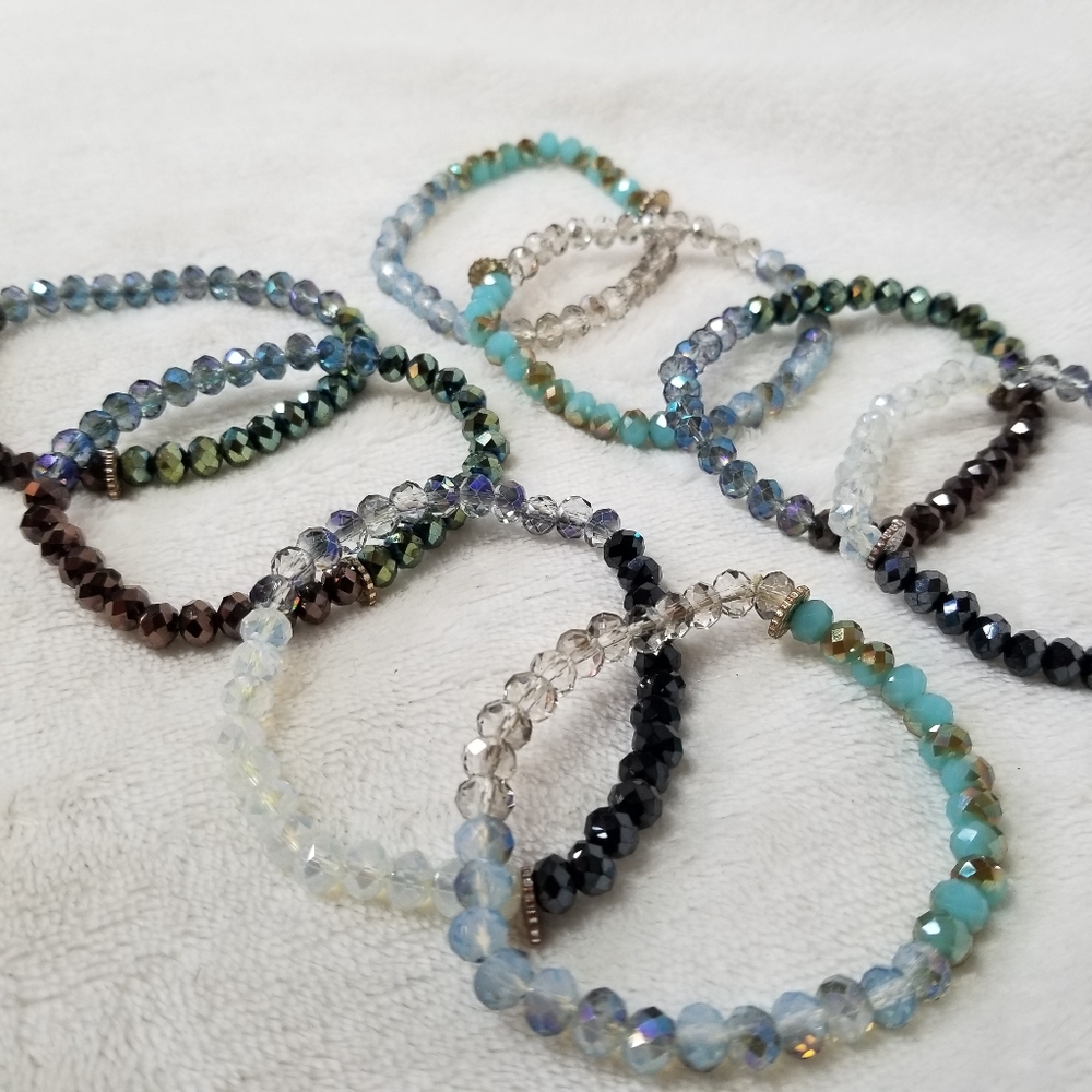 Set of 8 Bracelets, Faceted glass beads on elastic, from Marilyn Schiff